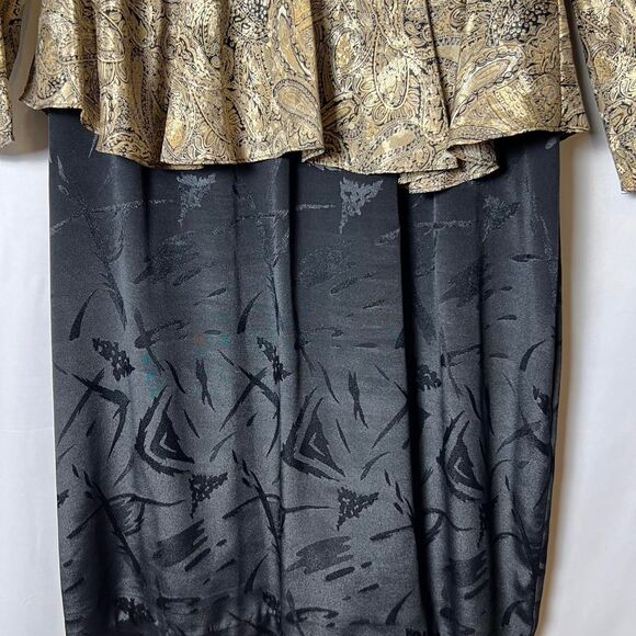 ilgwu Vintage it's a Rich Miss 80s Metallic Black Gold Peplum Dress Women's 16 - Picture 3 of 8